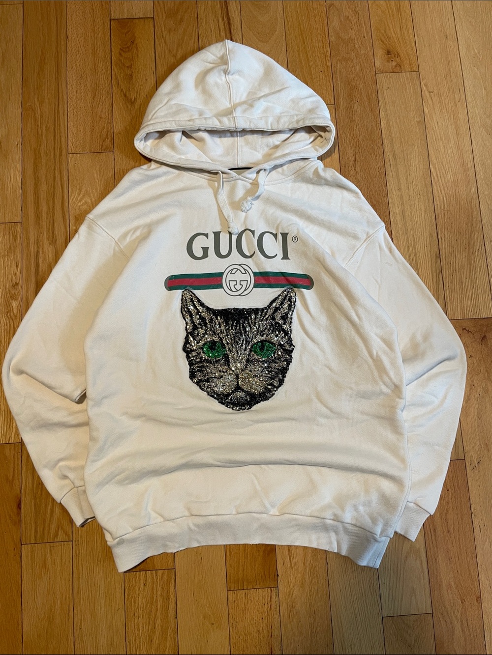 Gucci Cream Hoodie with Green-Eyed Cat Motif